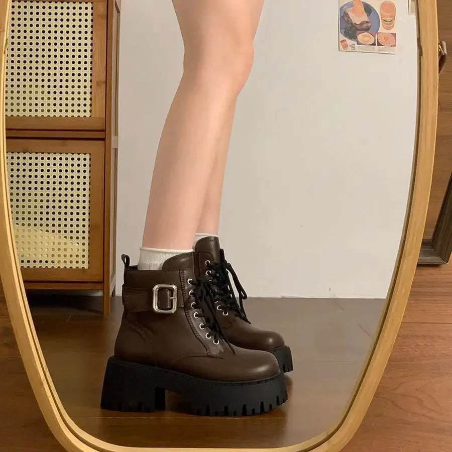 Height Increase Leather Round Toe Woman Short Shoes Spring Autumn Lace-up Chunky Booties High Quality Hot Ankle Boots for Women