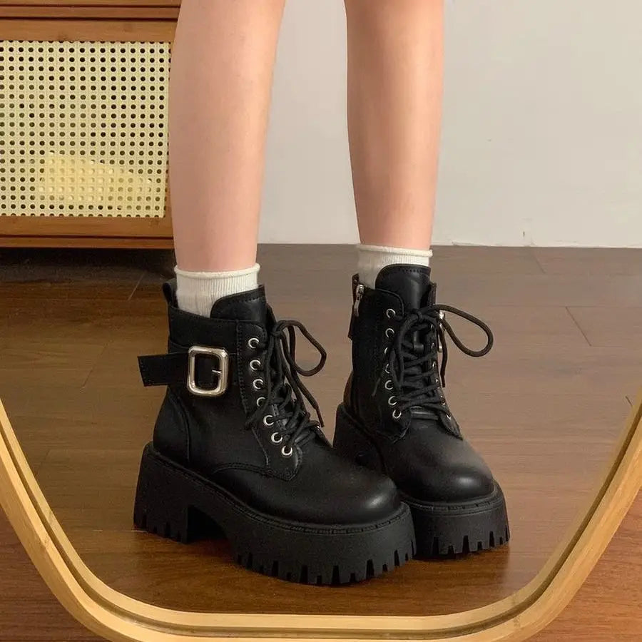 Height Increase Leather Round Toe Woman Short Shoes Spring Autumn Lace-up Chunky Booties High Quality Hot Ankle Boots for Women