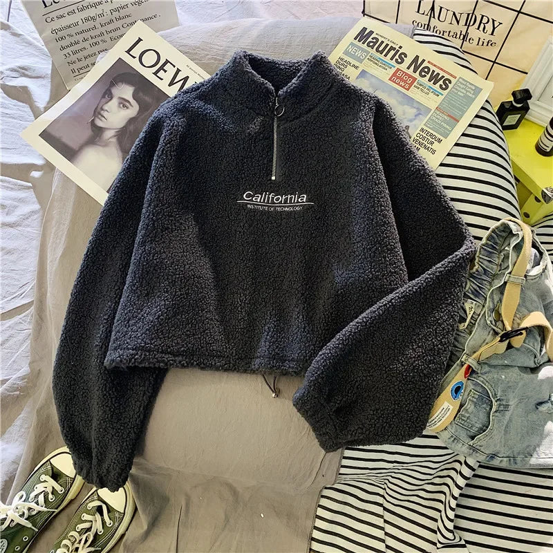 2023 Autumn Solid Letter Half Turtleneck Sweater Women Long Sleeve Loose Tops Zipper Ladies Clothes Sweatshirt Sporty Style