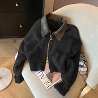 2025 Autumn Winter New knitted Cardigan Sweater Women Fashion Long-Sleeved Polo Collar Short Coat Female Loose Sweater Lady Tops - Black / XXL