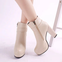 Fashion Ankle Boots Solid Color Round Head Side Zipper Design Autumn Winter Women's Fashion High Heeled Ankle Boot Size 32-43 - Beige / 39