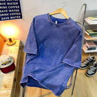 Vintage Snowflake Point Solid Color T-Shirts Women Men Cotton Short Sleeve Wash With Old Water Street Hip Hop Couple Tee Shirt - Blue / XXL