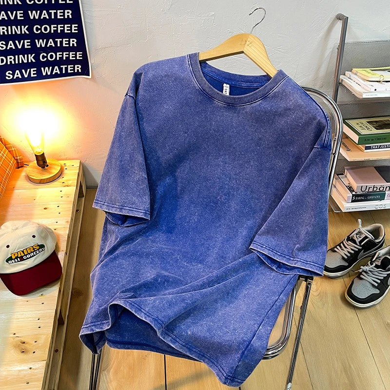 Vintage Snowflake Point Solid Color T-Shirts Women Men Cotton Short Sleeve Wash With Old Water Street Hip Hop Couple Tee Shirt