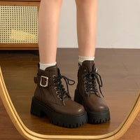 Height Increase Leather Round Toe Woman Short Shoes Spring Autumn Lace-up Chunky Booties High Quality Hot Ankle Boots for Women - Brown Boots / 35