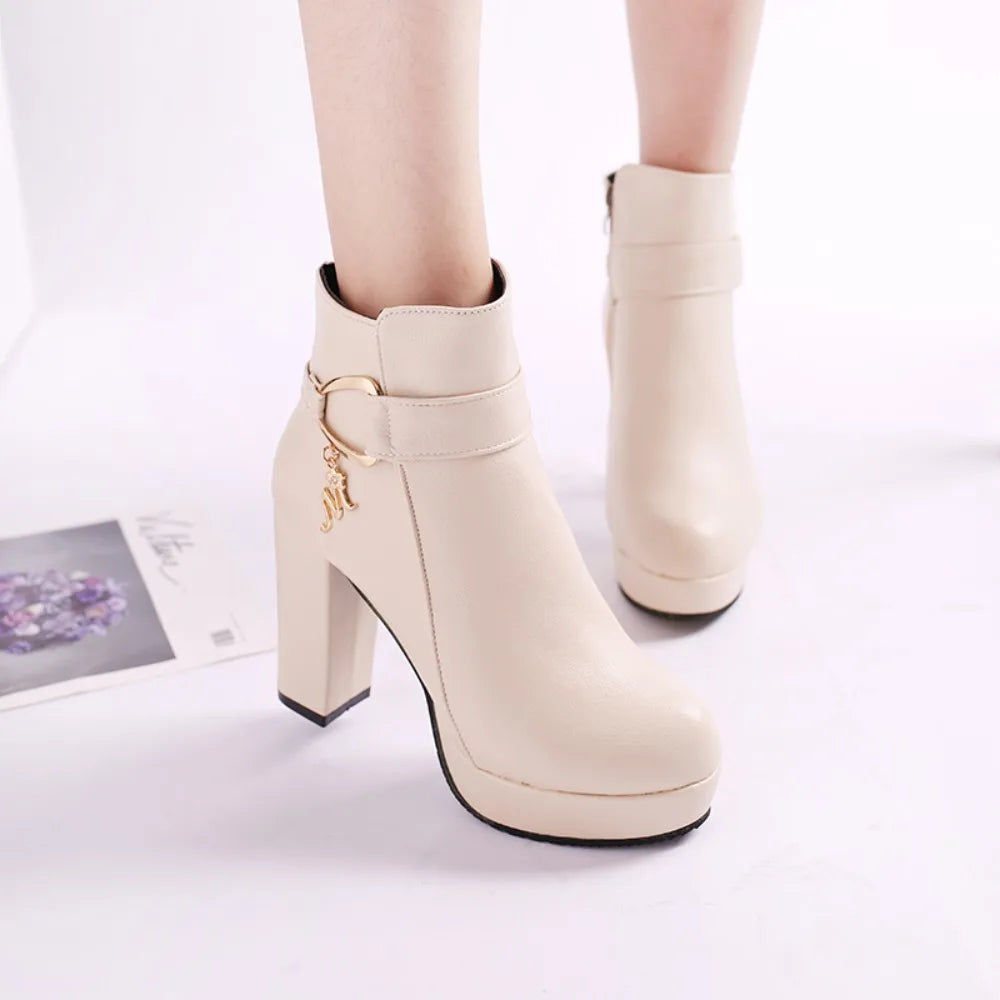 Fashion Ankle Boots Solid Color Round Head Side Zipper Design Autumn Winter Women's Fashion High Heeled Ankle Boot Size 32-43