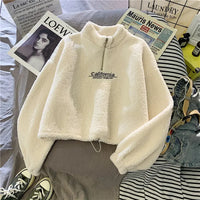 2023 Autumn Solid Letter Half Turtleneck Sweater Women Long Sleeve Loose Tops Zipper Ladies Clothes Sweatshirt Sporty Style - apricot / S