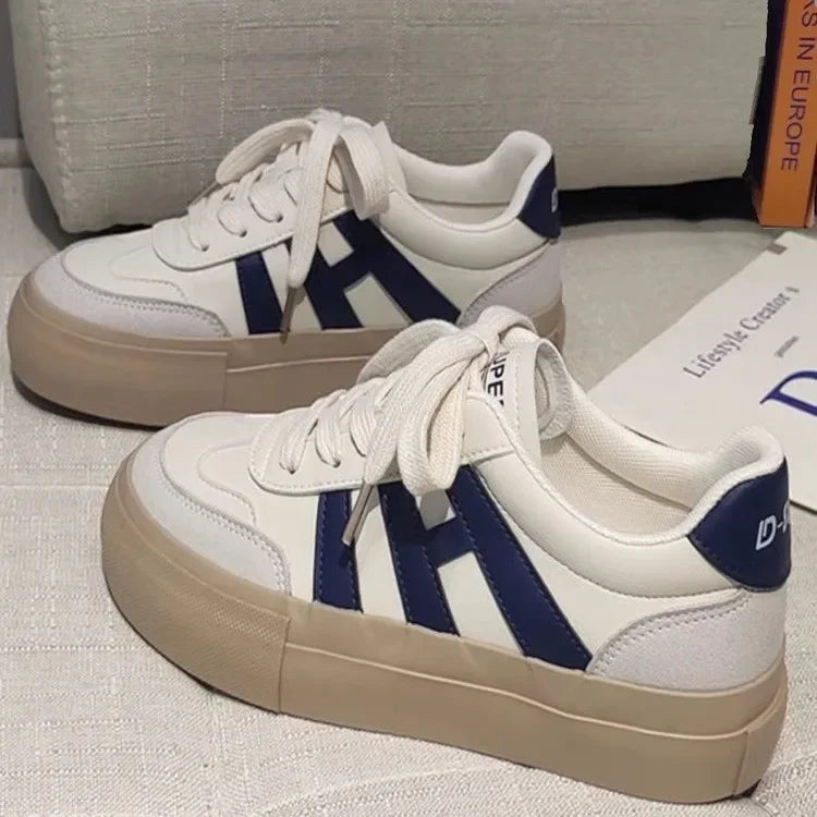 Comfortable Thick Bottom Platform Women's Shoes Fall Season New Style Casual High Toppling White Shoes Rubber Upgraded PU Insole
