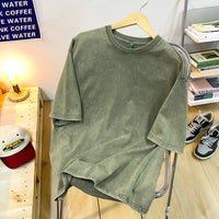 Vintage Snowflake Point Solid Color T-Shirts Women Men Cotton Short Sleeve Wash With Old Water Street Hip Hop Couple Tee Shirt - Dark Green / XXL