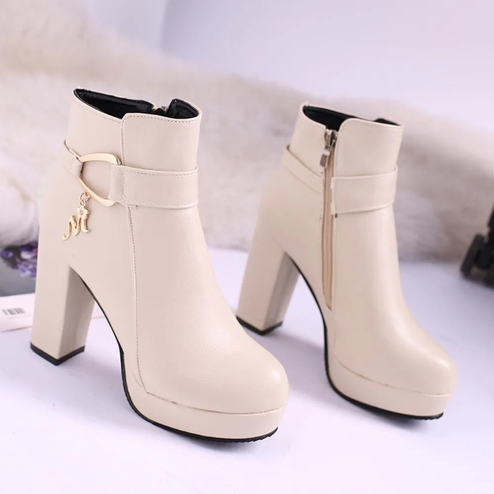 Fashion Ankle Boots Solid Color Round Head Side Zipper Design Autumn Winter Women's Fashion High Heeled Ankle Boot Size 32-43