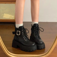 Height Increase Leather Round Toe Woman Short Shoes Spring Autumn Lace-up Chunky Booties High Quality Hot Ankle Boots for Women - Black Boots / 38