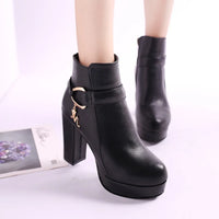Fashion Ankle Boots Solid Color Round Head Side Zipper Design Autumn Winter Women's Fashion High Heeled Ankle Boot Size 32-43 - black / 35